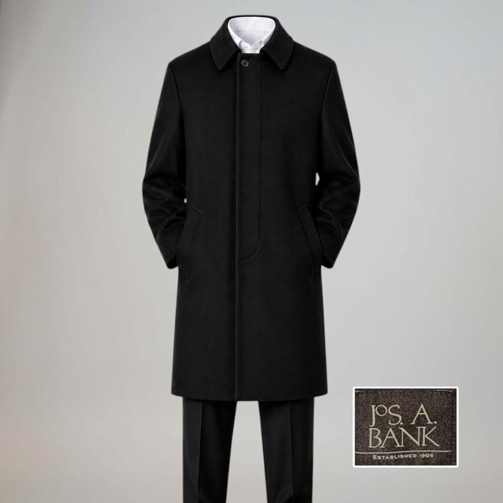 Jos A Bank Mens 44R Black Wool Topcoat Overcoat Knee-Length Walking Coat